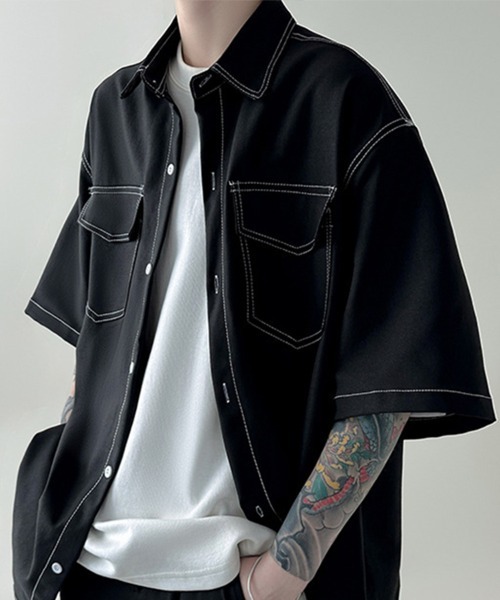 KELVIN(ケルヴァン)の「Contrast Stitch Half Sleeve Shirt コントラストステッチハーフスリーブシャツ(シャツ/ブラウス・メンズ・ホワイト/ブラック・MEDIUM/LARGE)」の8枚目の写真