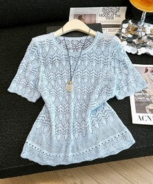 透かし編み ネックレス付き 半袖ニット