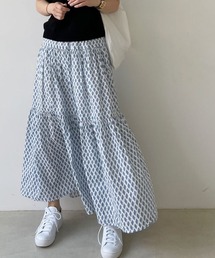 総柄ティアードロングスカート フレアスカート ウエストゴム マキシ丈