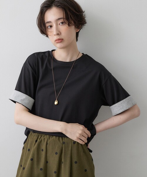 Dessin(デッサン)の「【汗シミ防止/UVカット】配色スリーブ 五分袖プルオーバー(Tシャツ/カットソー・レディース・グレー系4/ブラック系4/ワイン系1/ブラウン系その他5・02/01/03)」の2枚目の写真