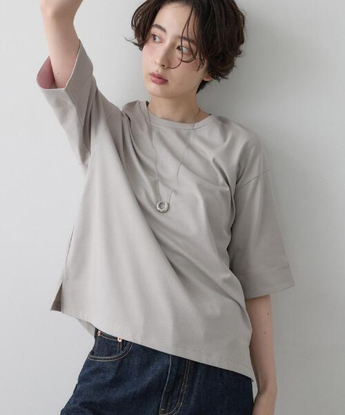 Dessin(デッサン)の「【汗シミ防止/UVカット】配色スリーブ 五分袖プルオーバー(Tシャツ/カットソー・レディース・グレー系4/ブラック系4/ワイン系1/ブラウン系その他5・02/01/03)」の8枚目の写真