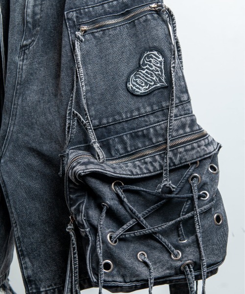 BACKSTAGE PASS(バックステージパス)の「AMY W(エイミーW)デニム ハーフ カーゴパンツ(デニムパンツ・メンズ・ブラックミックス/ブラック/ダークグレー・FREE)」の21枚目の写真