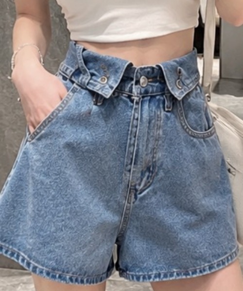 NoBelle(ノベル)の「ショート丈ジーンズ 襟風デニムパンツ(デニムパンツ・レディース・ブルー・S/M/L)」の2枚目の写真