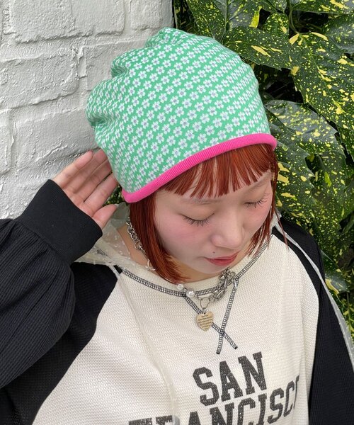 HELLO.SANFRANCISCO(ハローサンフランシスコ)の「【HELLO.SANFRANCISCO/ハローサンフランシスコ】花柄リブビーニー(ニットキャップ/ビーニー・レディース・グリーン/ブラック・ONE SIZE)」の2枚目の写真