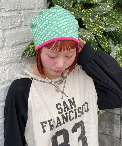 HELLO.SANFRANCISCO(ハローサンフランシスコ)の「【HELLO.SANFRANCISCO/ハローサンフランシスコ】花柄リブビーニー(ニットキャップ/ビーニー・レディース・グリーン/ブラック・ONE SIZE)」の7枚目の写真