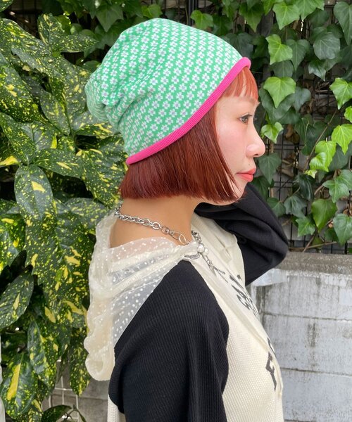 HELLO.SANFRANCISCO(ハローサンフランシスコ)の「【HELLO.SANFRANCISCO/ハローサンフランシスコ】花柄リブビーニー(ニットキャップ/ビーニー・レディース・グリーン/ブラック・ONE SIZE)」の6枚目の写真