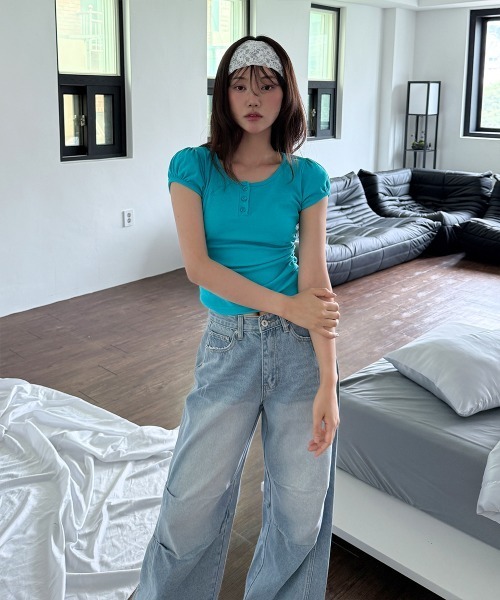 4INT.(フォイント)の「【6color】ヘンリーネック パフスリーブ シャーリング 半袖 Tシャツ(Tシャツ/カットソー・メンズ・ブラック/グレー/パープル/チャコール/アクア・FREE)」の20枚目の写真