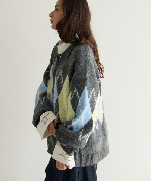 PBLIM(ページボーイリム)の「《UNISEX》アーガイルポロカーディガン(カーディガン/ボレロ・レディース・ブラウン/グレー/ブルー・FREE)」の6枚目の写真