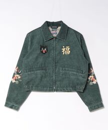 HOUSTON ヒューストン ウォッシュド コーデュロイ ベトナムジャケット ベトジャン 黒猫 龍刺繍 ショート丈 レディース