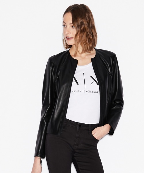 ARMANI EXCHANGE(アルマーニエクスチェンジ)の「【A|Xアルマーニ エクスチェンジ】フェイクレザー ノーカラージャケット(ノーカラージャケット・レディース・ブラック/ベージュ・SMALL/X-SMALL/MEDIUM/LARGE)」の2枚目の写真