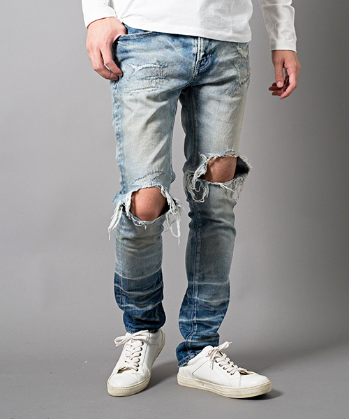 FUGA（フーガ）の「ダメージ加工ストレッチデニムパンツ（デニムパンツ・メンズ・ブルー/ライトブルー・L/M/S）」の2枚目の写真