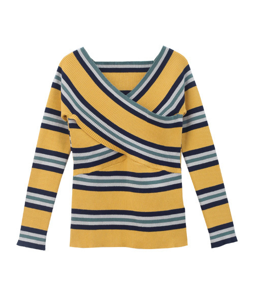 Luz Llena（ラズレナ）の「マルチボーダー柄カシュクールニットトップス（ニット/セーター・レディース・アイボリー/イエロー/オレンジ・MEDIUM）」の3枚目の写真