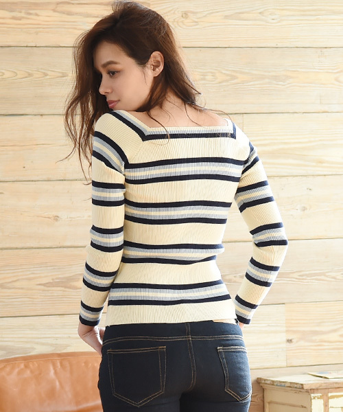 Luz Llena（ラズレナ）の「マルチボーダー柄カシュクールニットトップス（ニット/セーター・レディース・アイボリー/イエロー/オレンジ・MEDIUM）」の8枚目の写真