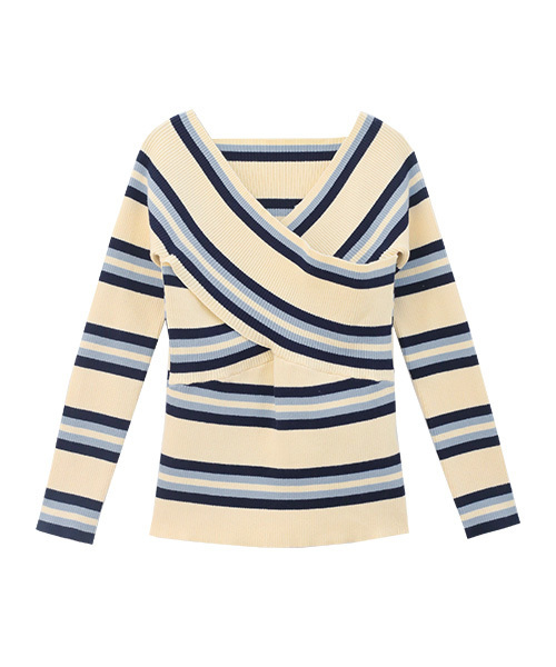 Luz Llena（ラズレナ）の「マルチボーダー柄カシュクールニットトップス（ニット/セーター・レディース・アイボリー/イエロー/オレンジ・MEDIUM）」の13枚目の写真