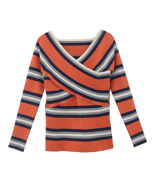 Luz Llena（ラズレナ）の「マルチボーダー柄カシュクールニットトップス（ニット/セーター・レディース・アイボリー/イエロー/オレンジ・MEDIUM）」の15枚目の写真