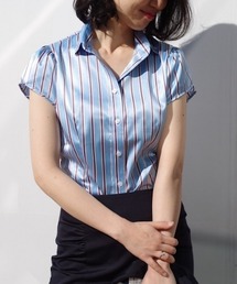 ストレッチサテンストライプチューリップ袖シャツ