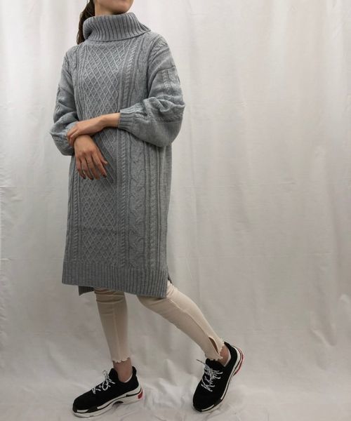 tiptop（ティップトップ）の「ケーブル編みニットタートルワンピース（ワンピース・レディース・ダークグリーン/エンジ/グレー/キナリ・FREE）」の14枚目の写真