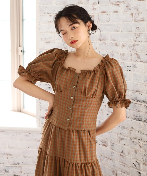 ブラウン系チェック パフスリーブブラウス one after another NICE CLAUP（ワンアフターアナザーナイスクラップ