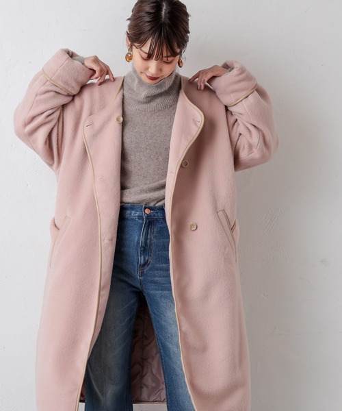 natural couture(ナチュラルクチュール)の「キルトリバーシブルパイピングコート(ノーカラーコート・レディース・ブラック/ベージュ/ピンク・FREE)」の14枚目の写真