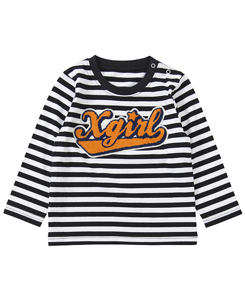 X-girl Stages（エックスガールステージス）の「L/S T PATCHED SIGNATURE LOGO　(4T～7T)（Tシャツ/カットソー・キッズ・ホワイト/ブラック/アッシュ/レッド/ピンク・6T/7T/5T/4T）」の2枚目の写真