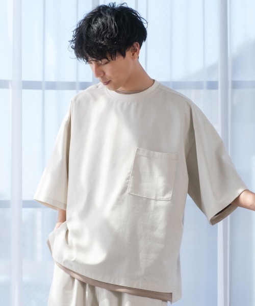 improves（インプローブス）の「麻レーヨン オーバーサイズ 胸ポケット 半袖Tシャツ セットアップ対応（Tシャツ/カットソー・メンズ・ライトグレー/ブラック/ネイビー/カーキ/ライトベージュ/キナリ・MEDIUM/LARGE）」の2枚目の写真