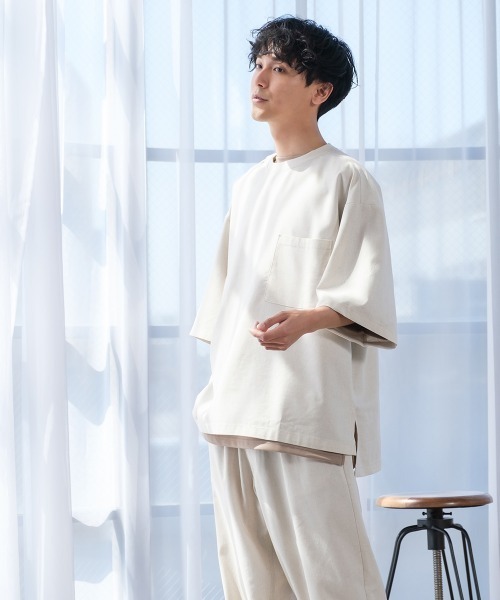 improves（インプローブス）の「麻レーヨン オーバーサイズ 胸ポケット 半袖Tシャツ セットアップ対応（Tシャツ/カットソー・メンズ・ライトグレー/ブラック/ネイビー/カーキ/ライトベージュ/キナリ・MEDIUM/LARGE）」の7枚目の写真