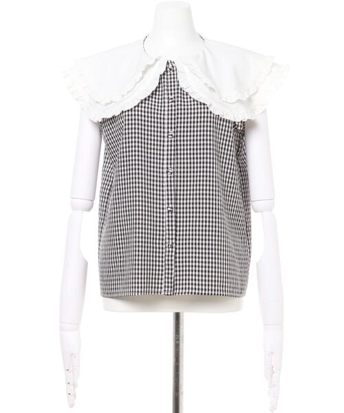 Allamanda(アラマンダ)の「ダブル襟ノースリブラウス(シャツ/ブラウス・レディース・オフホワイト/その他3/ホワイト系その他/ブルー系1・M)」の5枚目の写真