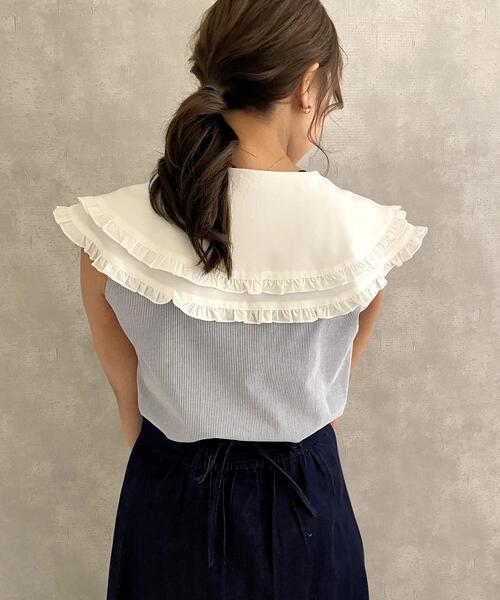 Allamanda(アラマンダ)の「ダブル襟ノースリブラウス(シャツ/ブラウス・レディース・オフホワイト/その他3/ホワイト系その他/ブルー系1・M)」の9枚目の写真