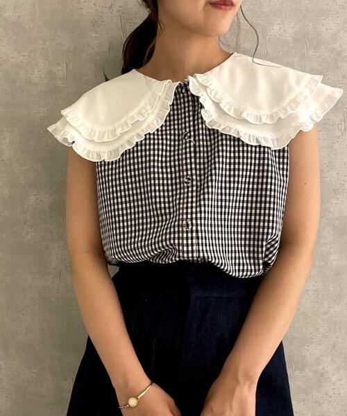 Allamanda(アラマンダ)の「ダブル襟ノースリブラウス(シャツ/ブラウス・レディース・オフホワイト/その他3/ホワイト系その他/ブルー系1・M)」の11枚目の写真