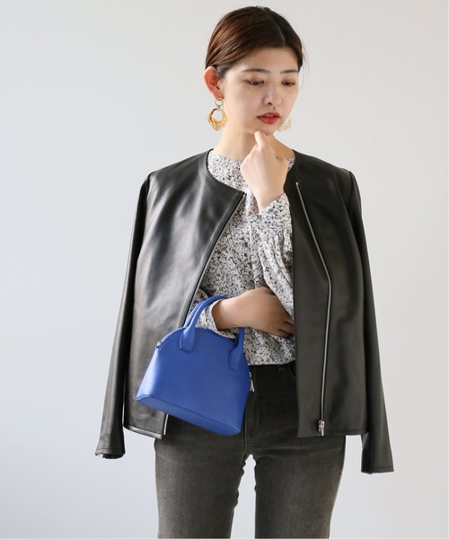 Simplicite（サンプリシテ）の「ラムレザー クルーネックジャケット◆（ノーカラージャケット・レディース・ブラック/カーキ・SMALL/MEDIUM）」の3枚目の写真