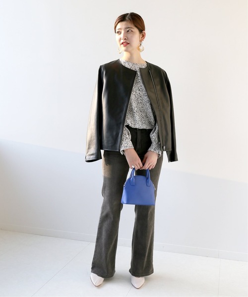 Simplicite（サンプリシテ）の「ラムレザー クルーネックジャケット◆（ノーカラージャケット・レディース・ブラック/カーキ・SMALL/MEDIUM）」の18枚目の写真