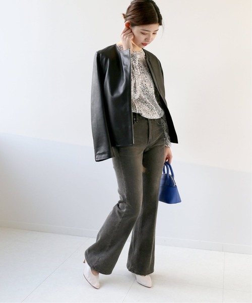 Simplicite（サンプリシテ）の「ラムレザー クルーネックジャケット◆（ノーカラージャケット・レディース・ブラック/カーキ・SMALL/MEDIUM）」の14枚目の写真