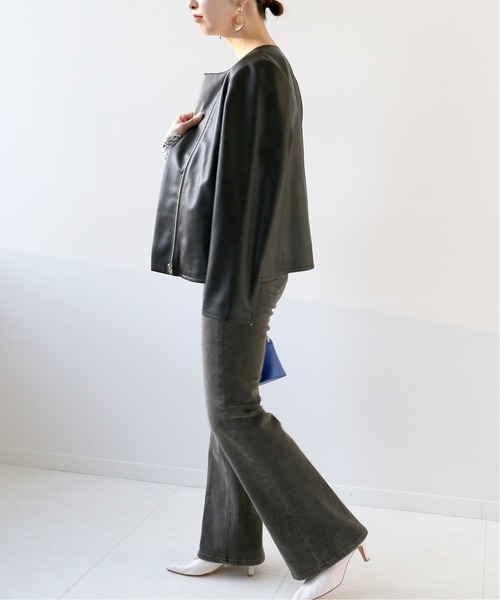 Simplicite（サンプリシテ）の「ラムレザー クルーネックジャケット◆（ノーカラージャケット・レディース・ブラック/カーキ・SMALL/MEDIUM）」の11枚目の写真