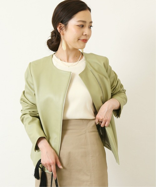 Simplicite（サンプリシテ）の「ラムレザー クルーネックジャケット◆（ノーカラージャケット・レディース・ブラック/カーキ・SMALL/MEDIUM）」の4枚目の写真