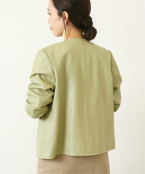 Simplicite（サンプリシテ）の「ラムレザー クルーネックジャケット◆（ノーカラージャケット・レディース・ブラック/カーキ・SMALL/MEDIUM）」の15枚目の写真