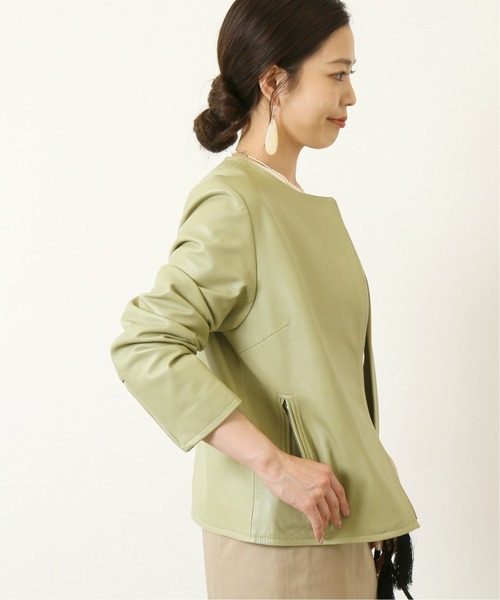 Simplicite（サンプリシテ）の「ラムレザー クルーネックジャケット◆（ノーカラージャケット・レディース・ブラック/カーキ・SMALL/MEDIUM）」の8枚目の写真