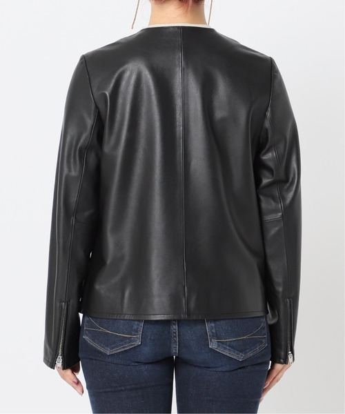 Simplicite（サンプリシテ）の「ラムレザー クルーネックジャケット◆（ノーカラージャケット・レディース・ブラック/カーキ・SMALL/MEDIUM）」の5枚目の写真