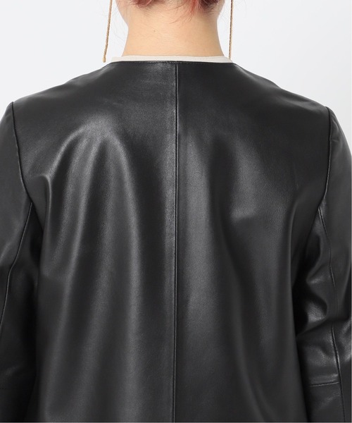 Simplicite（サンプリシテ）の「ラムレザー クルーネックジャケット◆（ノーカラージャケット・レディース・ブラック/カーキ・SMALL/MEDIUM）」の20枚目の写真