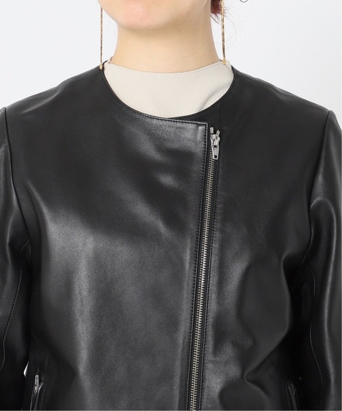 Simplicite（サンプリシテ）の「ラムレザー クルーネックジャケット◆（ノーカラージャケット・レディース・ブラック/カーキ・SMALL/MEDIUM）」の16枚目の写真