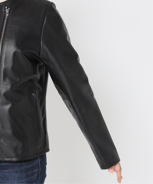 Simplicite（サンプリシテ）の「ラムレザー クルーネックジャケット◆（ノーカラージャケット・レディース・ブラック/カーキ・SMALL/MEDIUM）」の9枚目の写真