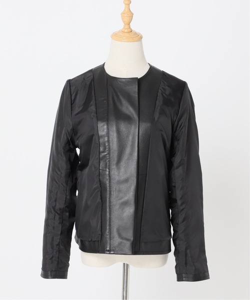 Simplicite（サンプリシテ）の「ラムレザー クルーネックジャケット◆（ノーカラージャケット・レディース・ブラック/カーキ・SMALL/MEDIUM）」の17枚目の写真