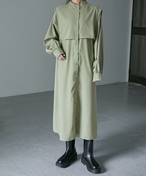Fashion Letter（ファッションレター）の「ケープデザインワンピース（シャツワンピース・レディース・ベージュ/オフホワイト/グリーン・M）」の3枚目の写真