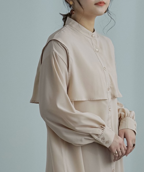 Fashion Letter（ファッションレター）の「ケープデザインワンピース（シャツワンピース・レディース・ベージュ/オフホワイト/グリーン・M）」の6枚目の写真