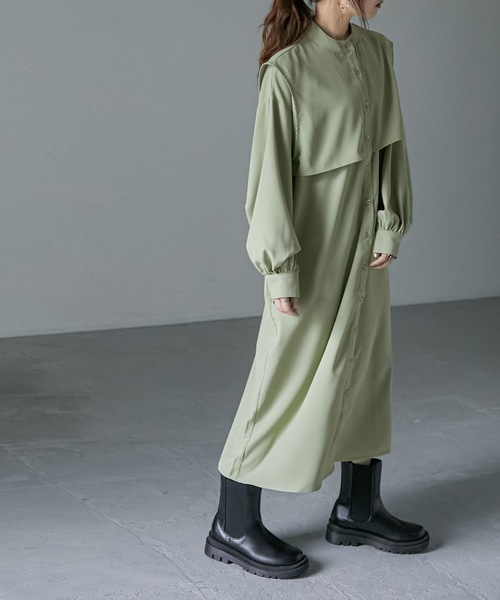 Fashion Letter（ファッションレター）の「ケープデザインワンピース（シャツワンピース・レディース・ベージュ/オフホワイト/グリーン・M）」の9枚目の写真