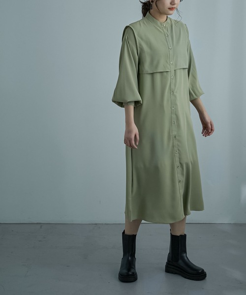 Fashion Letter（ファッションレター）の「ケープデザインワンピース（シャツワンピース・レディース・ベージュ/オフホワイト/グリーン・M）」の21枚目の写真