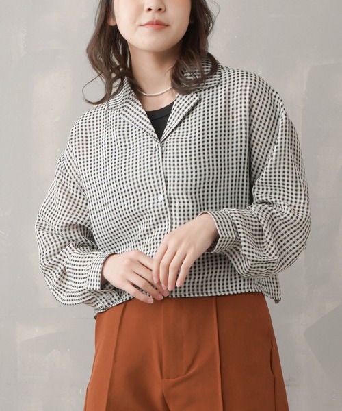 SPINNS（スピンズ）の「ギンガムチェック ショート丈ロングスリーブシャツ（シャツ/ブラウス・レディース・ホワイト/ブラック/ブルー・ONESIZE）」の3枚目の写真