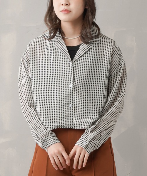 SPINNS（スピンズ）の「ギンガムチェック ショート丈ロングスリーブシャツ（シャツ/ブラウス・レディース・ホワイト/ブラック/ブルー・ONESIZE）」の5枚目の写真