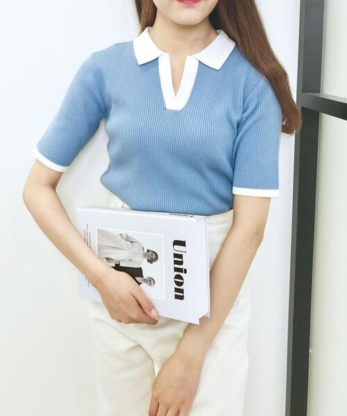 INGNI（イング）の「バイカラーリブポロニット（ニット/セーター・レディース・ホワイト×ブラック/ブラック×ホワイト/オレンジ/サックスブルー系1・M）」の4枚目の写真