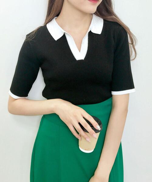 INGNI（イング）の「バイカラーリブポロニット（ニット/セーター・レディース・ホワイト×ブラック/ブラック×ホワイト/オレンジ/サックスブルー系1・M）」の10枚目の写真