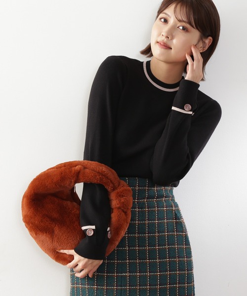 N.（N. Natural Beauty Basic）（エヌエヌナチュラルビューティーベーシック）の「◆カフスボタン総針ニット（ニット/セーター・レディース・オレンジ/ブラック/オフホワイト・MEDIUM）」の2枚目の写真